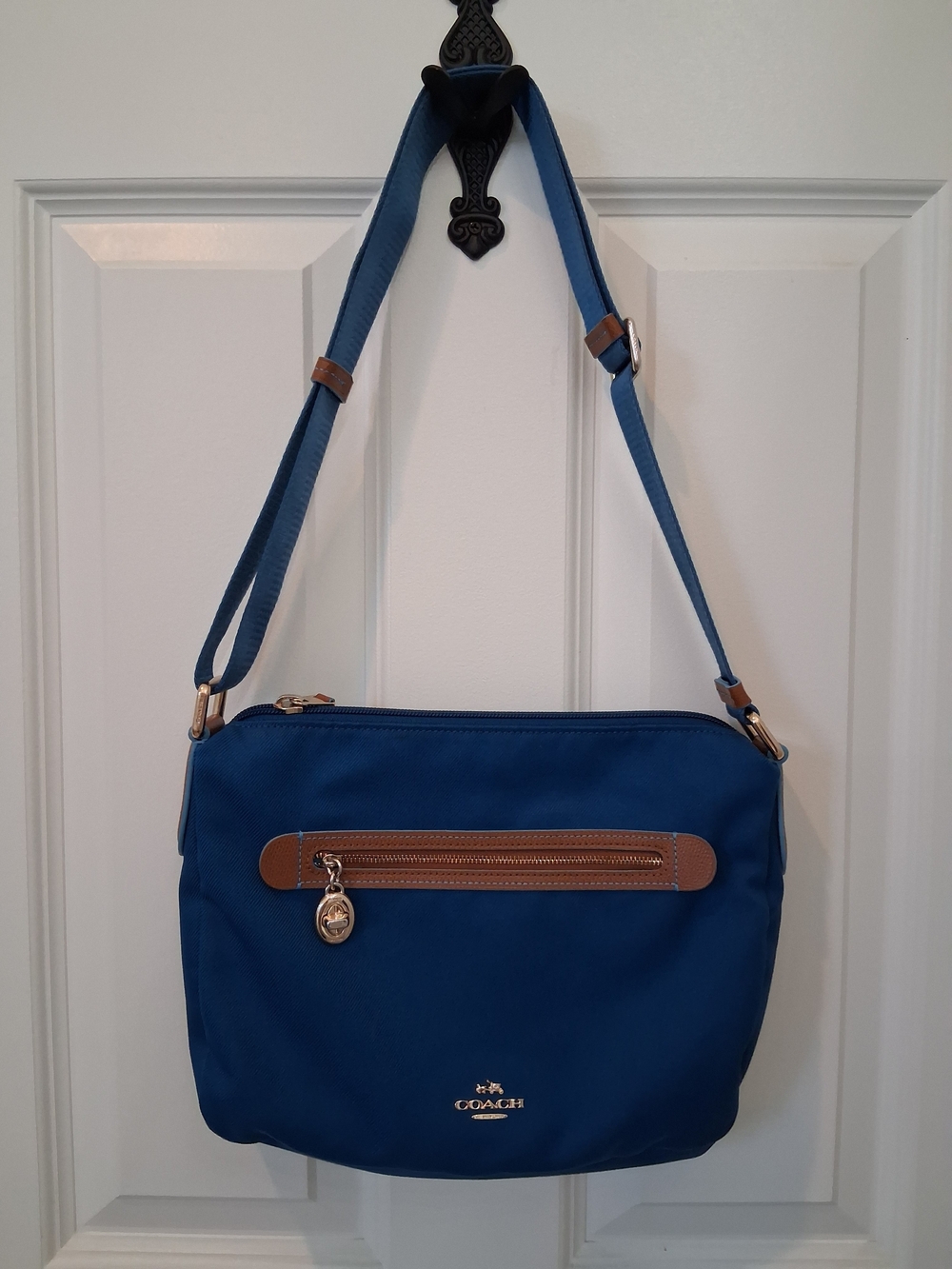 Coach Blue Nylon Crossbody with Brown Trim and Gold Hardware